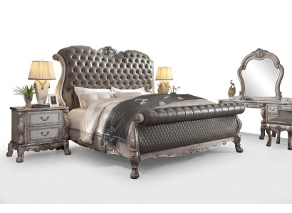 Diseño de muebles de lujo barroco, mesita de noche, conjunto de dormitorio de 3 piezas con cama de 180x200.
