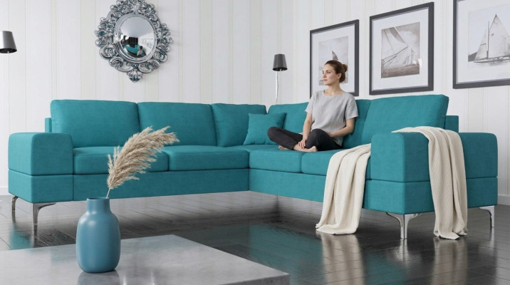 Sofá de esquina de tela para sala de estar diseño moderno en forma de L turquesa muebles de lujo sofás.