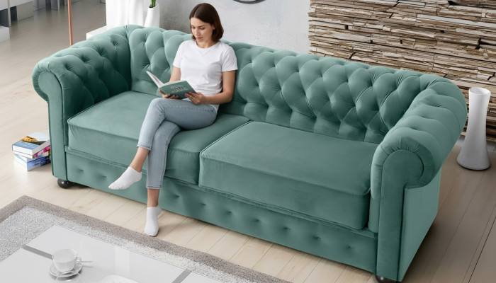 Sofá de diseño sofá de tres plazas tapizado en cuero, sofás grandes de textil Chesterfield