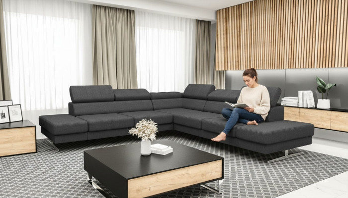 Sofá de diseño con tapizado elegante en forma de L para la sala de estar. Nuevo y moderno.