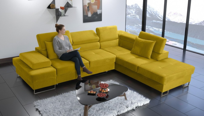 Sofá esquinero tapizado en tela para sala de estar en forma de L moderno amarillo, diseño de sofás nuevos.