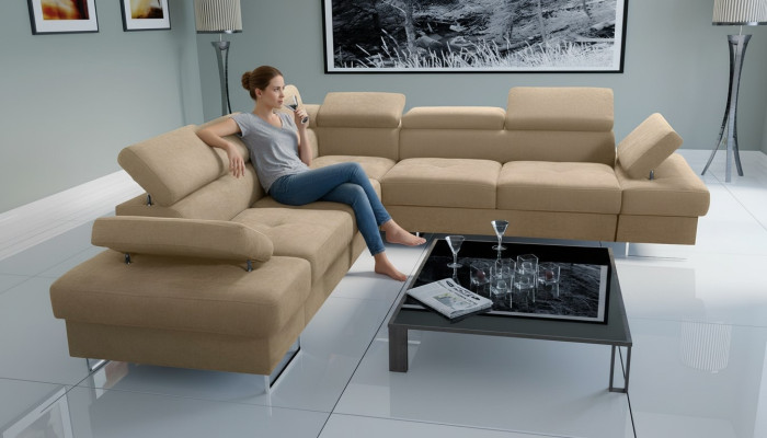 Sofá Sofá Acolchado Forma de L Sala de estar Diseño Esquina Tela Cuero Nuevo Beige Lujo