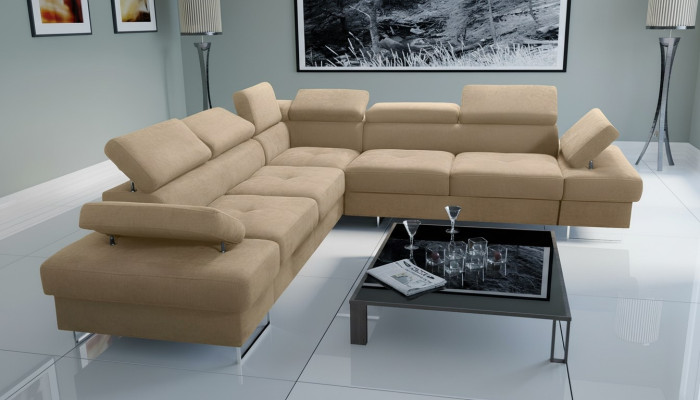 Sofá Sofá Acolchado Forma de L Sala de estar Diseño Esquina Tela Cuero Nuevo Beige Lujo