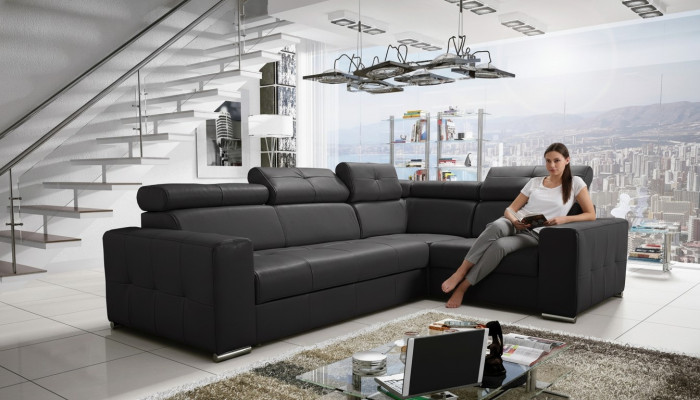 Sofá esquinero Tapizado Salón Cuero Forma de L Nuevo Moderno Negro Diseño Sofás
