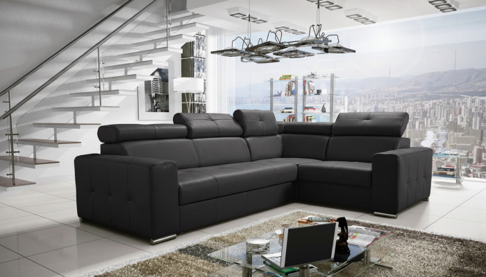 Sofá esquinero Tapizado Salón Cuero Forma de L Nuevo Moderno Negro Diseño Sofás