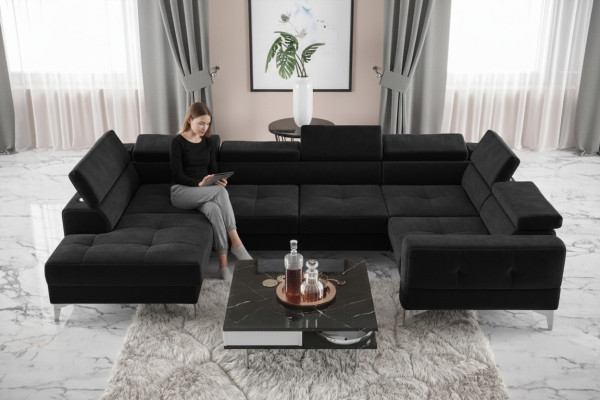 Moderno sofá de esquina automático de lujo en forma de U de tela en negro, elegante y nuevo.