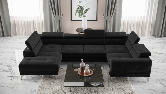 Moderno sofá de esquina automático de lujo en forma de U de tela en negro, elegante y nuevo.