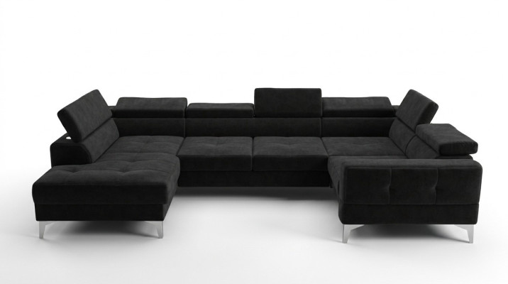 Moderno sofá de esquina automático de lujo en forma de U de tela en negro, elegante y nuevo.