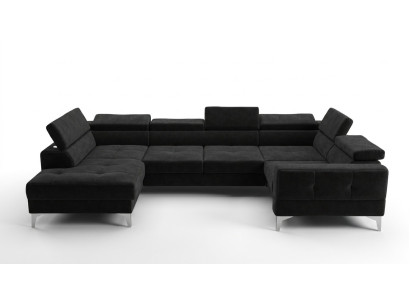 Moderno sofá de esquina automático de lujo en forma de U de tela en negro, elegante y nuevo.