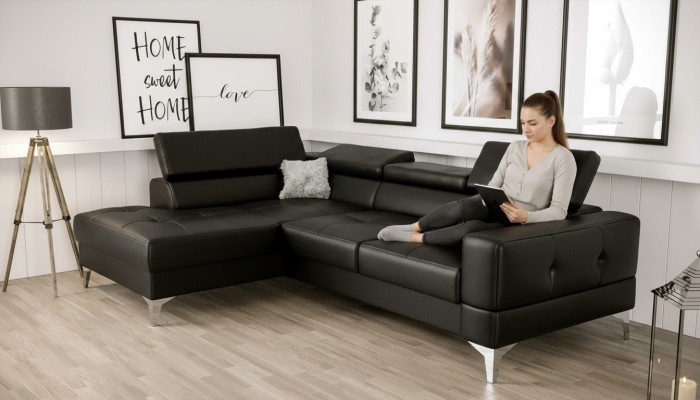 Diseño de muebles en forma de L negro de cuero de madera nuevo moderno lujo italiano sofá esquinero sofás