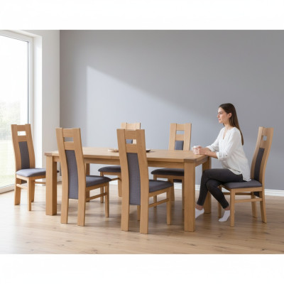 Conjunto completo de 8 sillas de diseño para comedor con respaldo acolchado y asiento de tela.