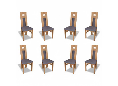 Conjunto completo de 8 sillas de diseño para comedor con respaldo acolchado y asiento de tela.
