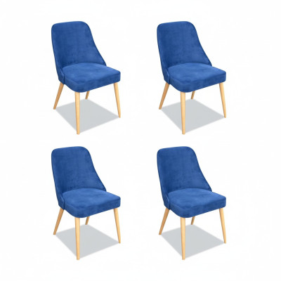 Elegante y moderno juego de muebles de comedor de madera con 4 sillas de lujo, nuevas y azules.