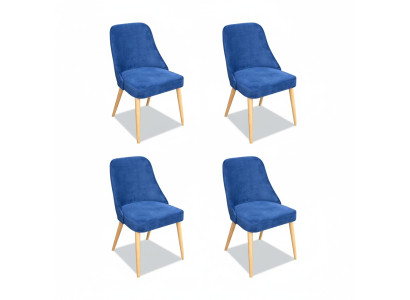 Elegante y moderno juego de muebles de comedor de madera con 4 sillas de lujo, nuevas y azules.