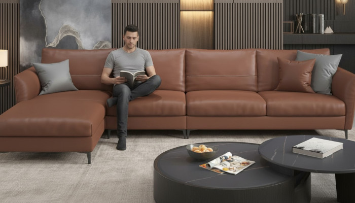 Sofá de esquina moderno de diseño, sofá en forma de L de cuero con LEDs, diseño de espacio habitable.