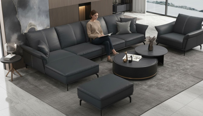 Sofá en forma de L para sala de estar, moderno, negro, lujo, multifuncional.