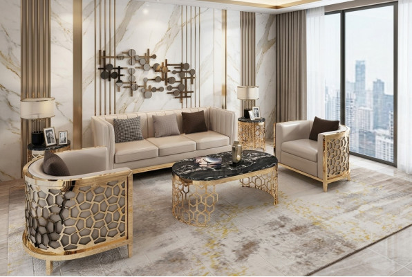 Diseño sofás tapizados Cuero Relax Moderno NUEVO Beige Conjunto de asientos 3+1+1 