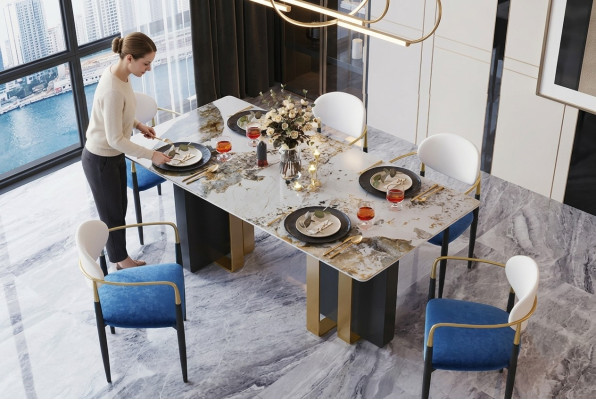 Mesa de estilo mármol para cocina. Mesa de comedor moderna. Mesas de comedor de lujo para el comedor. Diseño de muebles.