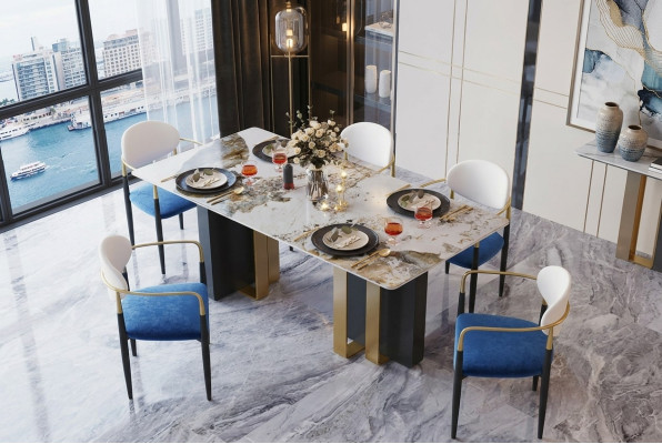 Mesa de estilo mármol para cocina. Mesa de comedor moderna. Mesas de comedor de lujo para el comedor. Diseño de muebles.