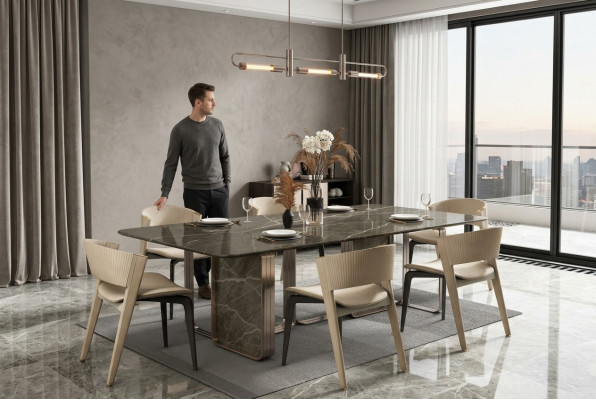 Mesa de comedor de lujo Mesa de metal Mesas de comedor de alto brillo Diseño moderno Mesas de comedor