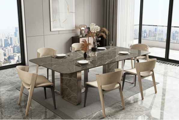 Mesa de comedor de lujo Mesa de metal Mesas de comedor de alto brillo Diseño moderno Mesas de comedor