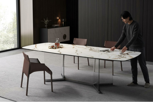 Comedor Sala de estar Diseño Lujo Moderno Mesas Patas de acero inoxidable Imitación de mármol Nuevo