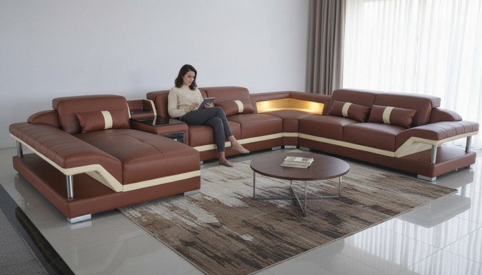 Sofá en forma de U color crema y marrón, sofá de esquina de cuero, sofá, tapizado, asiento de esquina, nuevo.