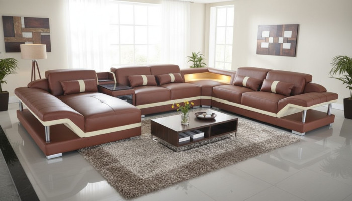Sofá en forma de U color crema y marrón, sofá de esquina de cuero, sofá, tapizado, asiento de esquina, nuevo.