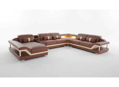 Sofá en forma de U color crema y marrón, sofá de esquina de cuero, sofá, tapizado, asiento de esquina, nuevo.