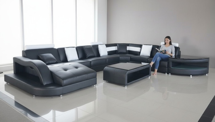 Sofá de esquina en forma de U, sofá de sala de estar, sofá, almohadón, esquina, tela, sofás, muebles, cuero.