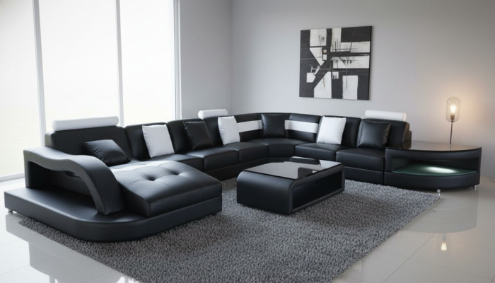 Sofá de esquina en forma de U, sofá de sala de estar, sofá, almohadón, esquina, tela, sofás, muebles, cuero.