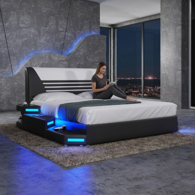 Camas Elegante cama doble de diseñador Muebles de cuero tapizados blanco 180x200 NUEVO