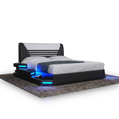 Camas Elegante cama doble de diseñador Muebles de cuero tapizados blanco 180x200 NUEVO