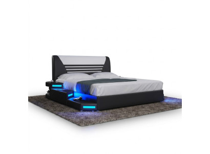 Camas Elegante cama doble de diseñador Muebles de cuero tapizados blanco 180x200 NUEVO