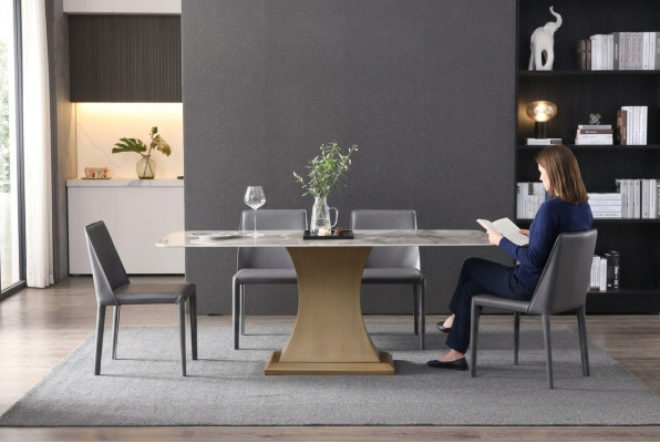 Mesa de comedor de lujo acero inoxidable mesas muebles pedestal mesa mármol estilo mesas de comedor metal
