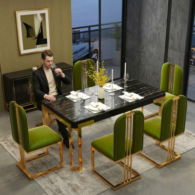Mesas de lujo, mesa de comedor moderna de metal, muebles de mesa de comedor de acero inoxidable dorado