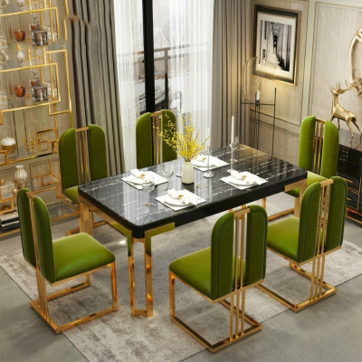 Mesas de lujo, mesa de comedor moderna de metal, muebles de mesa de comedor de acero inoxidable dorado