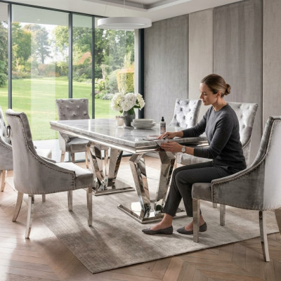 Mesa de comedor moderna para el comedor, la sala de estar y la cocina, mesa de diseño de metal.