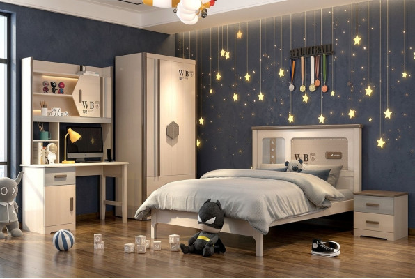 Sala de niños Juvenil Set Cama Armario Mesita de noche Escritorio 4 piezas