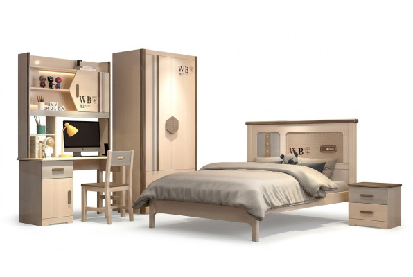 Sala de niños Juvenil Set Cama Armario Mesita de noche Escritorio 4 piezas