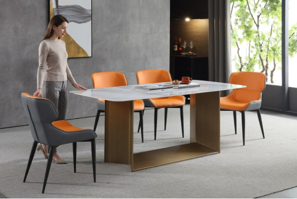 Mesas de lujo Mesa de comedor Acero inoxidable Muebles Columna Mesa Mármol Estilo Mesas de comedor Metal