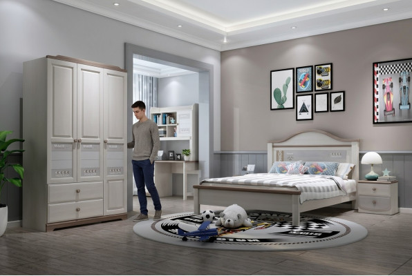 Dormitorio juvenil infantil moderno conjunto armario mesita de noche mesa nuevo de 5 piezas.