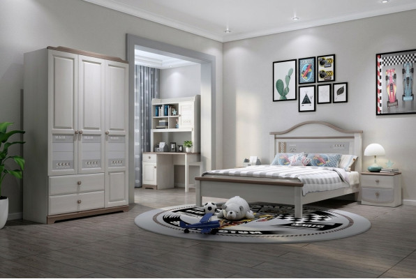Dormitorio juvenil infantil moderno conjunto armario mesita de noche mesa nuevo de 5 piezas.