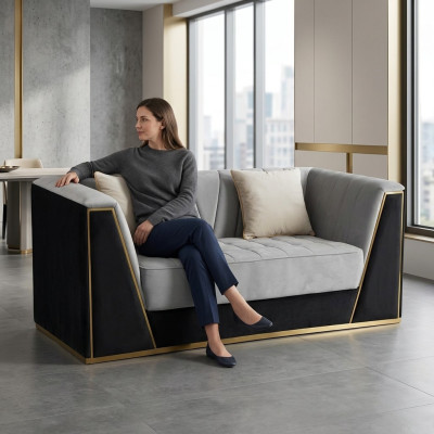 Sofá de lujo de 2 plazas, diseño de muebles, tapizado negro en tela de terciopelo. Sofás y sillones.