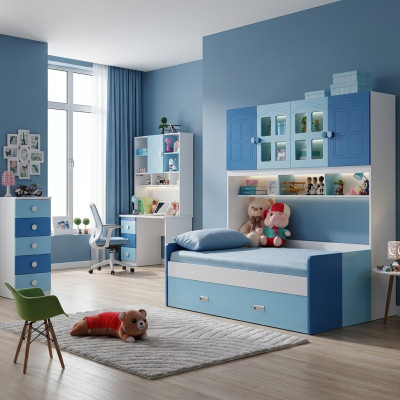 Dormitorio de diseñador para niños y adolescentes. Conjunto de cama, mesa y cómoda nuevo.