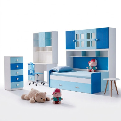 Dormitorio de diseñador para niños y adolescentes. Conjunto de cama, mesa y cómoda nuevo.
