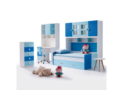 Dormitorio de diseñador para niños y adolescentes. Conjunto de cama, mesa y cómoda nuevo.
