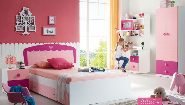 Juego de mesa, cama, armario, cómoda, conjunto de 4 piezas para habitación juvenil o infantil.
