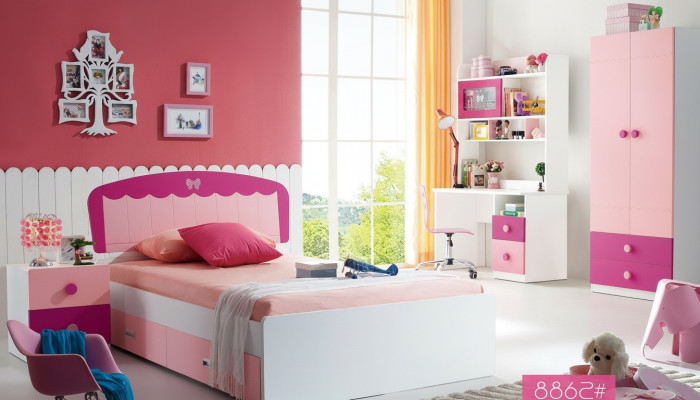 Juego de mesa, cama, armario, cómoda, conjunto de 4 piezas para habitación juvenil o infantil.
