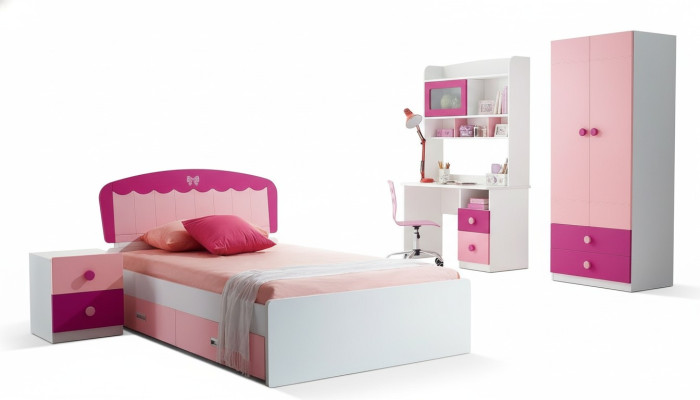 Juego de mesa, cama, armario, cómoda, conjunto de 4 piezas para habitación juvenil o infantil.